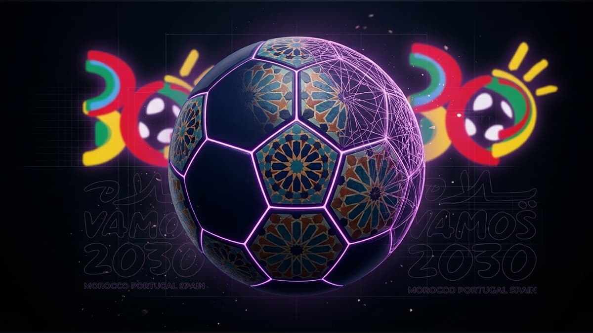Ballon de football stylisé aux motifs zellige marocains, entouré de lignes lumineuses évoquant la Coupe du Monde 2030