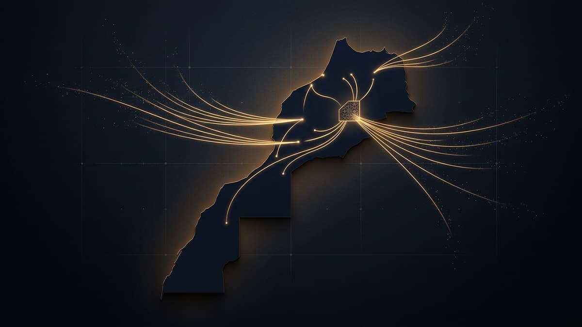 Carte du Royaume du Maroc, provinces du sud incluses, avec des flux lumineux représentant les investissements publicitaires quittant le pays vers l'étranger